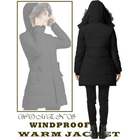 Women's Winter Thicken Puffer Coat Warm Snow Jacket with Fur Removable - Picture 6 of 7